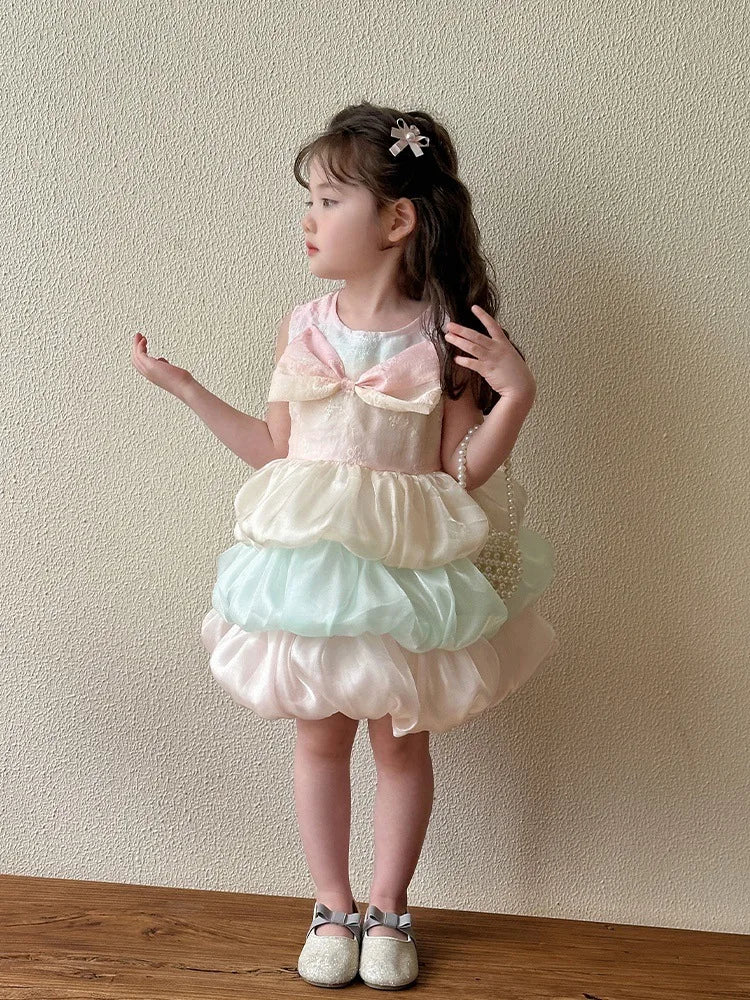 Baby Girl's Summer Dress Little  Girl Flower Bud Sleveless Dress With Bow