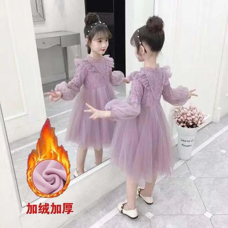 2023Girls' Autumn Winter New Fashion Half High Neck Long Sleeve Solid Color Dress