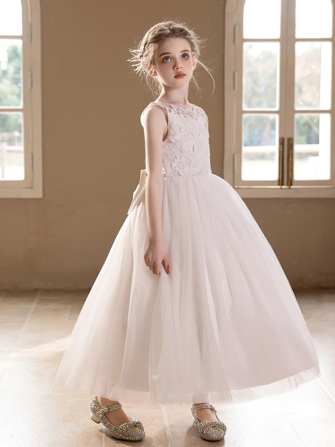 Teen Girls White Wedding Gauze Dress Lace Embroidery Big Bow  Dress