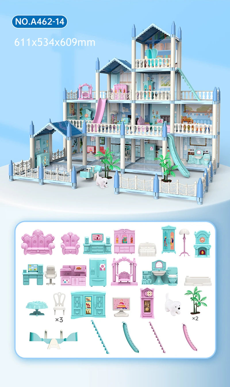 Girls Toddler Doll House - Large Doll House with 4 Dolls, Furniture, Accessories, LED Lights, 4 Stories Princess Dream House Toy