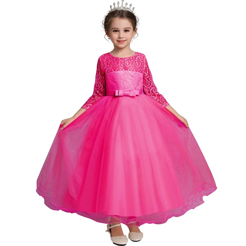 Girl's bow long sleeved princess dress 4-14 years old lace long mesh dress