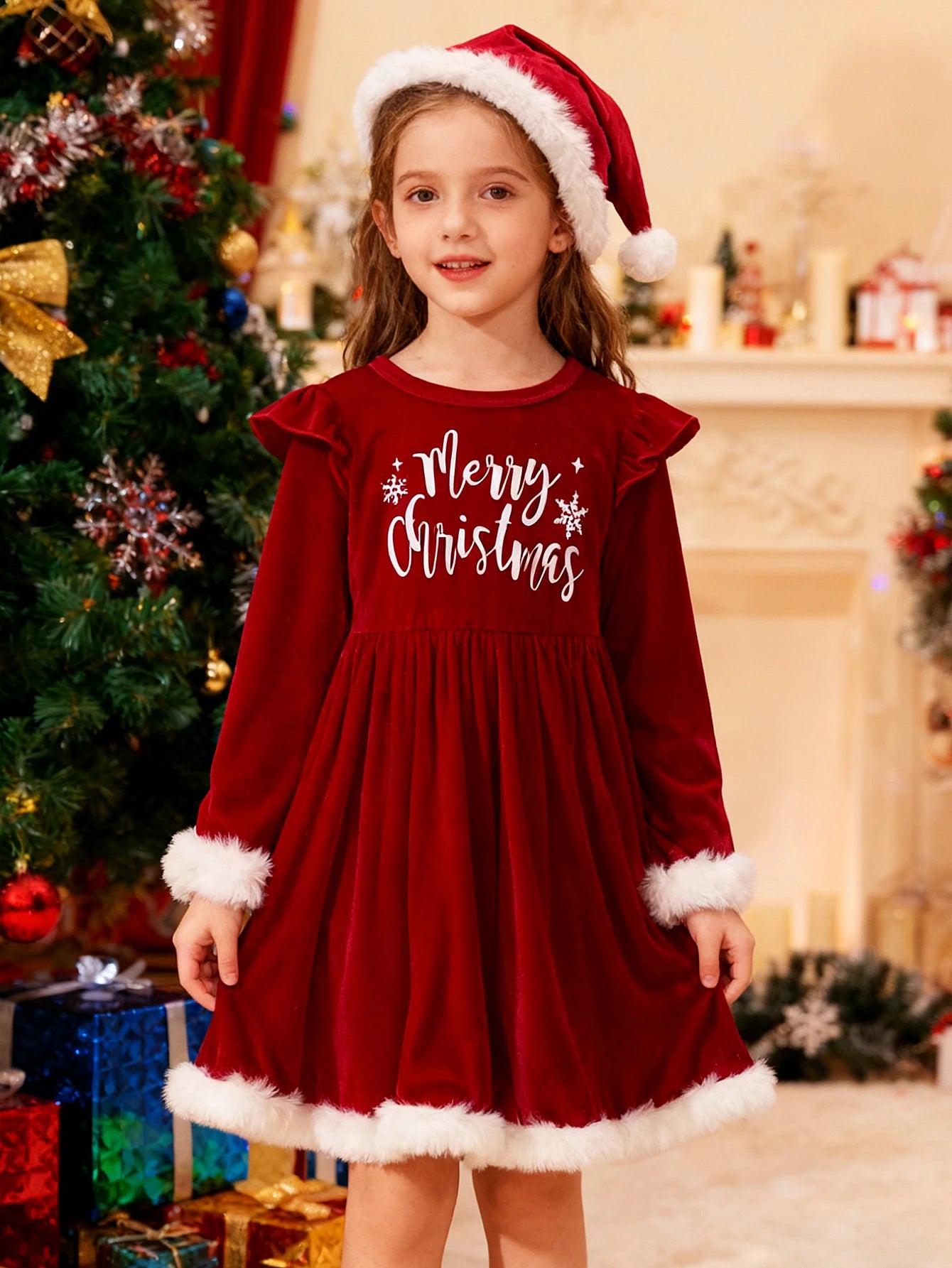 Girls Halloween Christmas Dress Letter Print Long Sleeve Crewneck Party Wear
