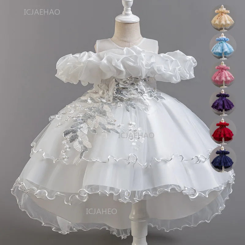 Girls Flower Girl Dress with Train Tulle Princess Gown Christmas Birthday Party Pageant Formal Dresses Kids Children Clothing