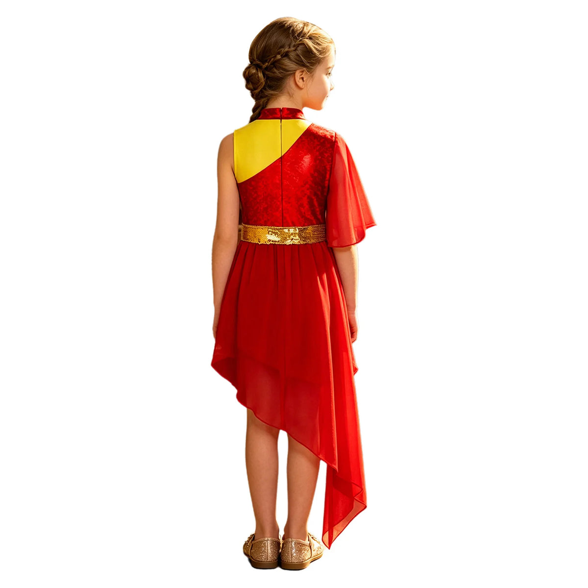Kids Girls Lyrical Contemporary Worship Liturgical Praise Dance Dress Flare Sleeve Sequin Splice Dress Performance Costume