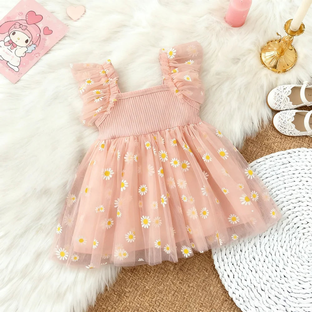 Girls' Dress Summer Tulle Daisy Print Girls Dress Adorable Princess Baby Dress