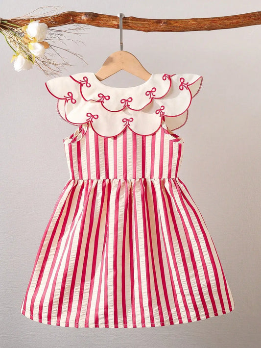 Little Girl's Summer Fresh and Energetic Red and White Striped Dress with Doll Collar and Bow