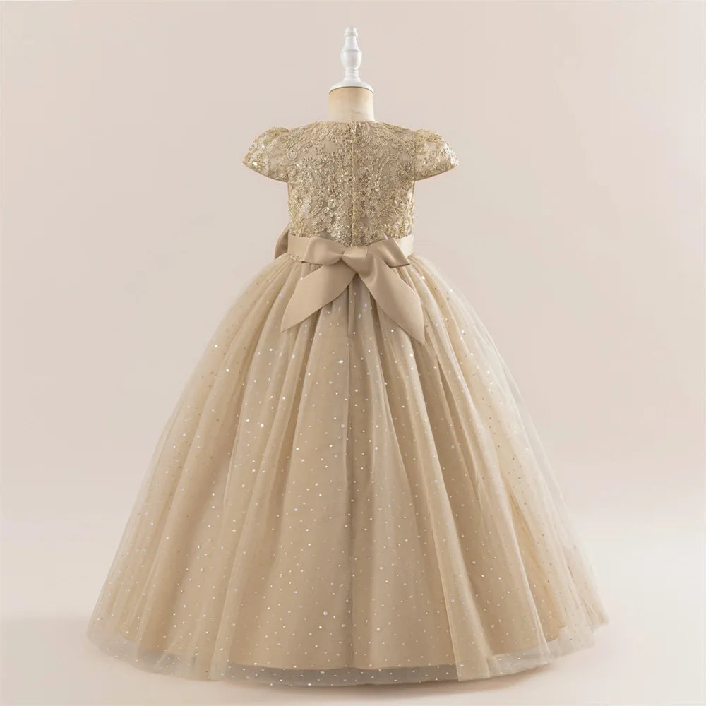 Girls Flower Embroidery Party Dress Kids Big Bow Long Wedding Bridesmaid