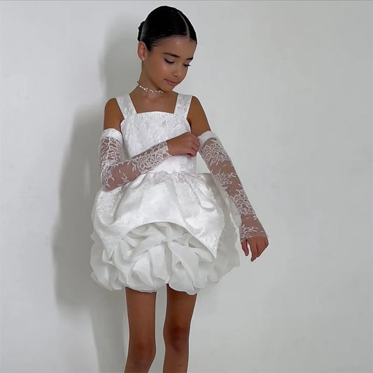 Lace Flower Girl Dress Puff Girls Party Dresses for Wedding Full Sleeves Satin Dress