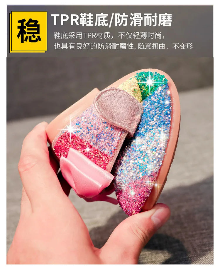 Girl Shoes Spring New Girls Soft Sole Leather Shoes Rainbow Sequins Dress Princess Shoes Kids Shoe Mary Jane Shoe Zapatos Niña