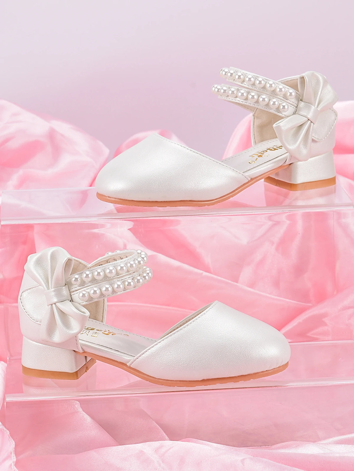 Children's Princess Shoes For Girls, Spring/Summer White Shoes With High Heels And Pearls For Big Kids