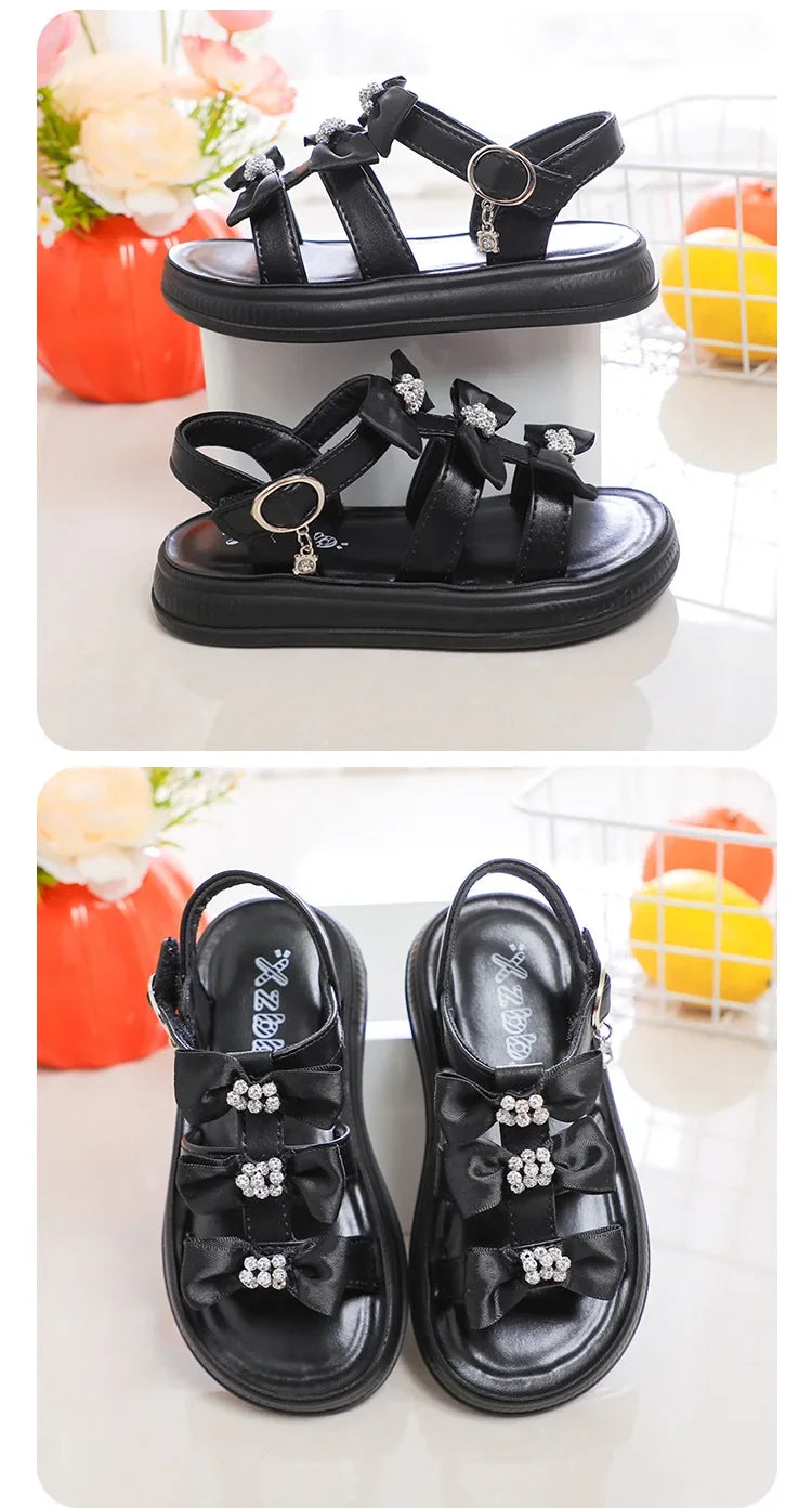 Girls Beach Shoes with Sweet Bows Soft Sole Kids Sandals Versatile 2025 Summer New Children Princess Shoes