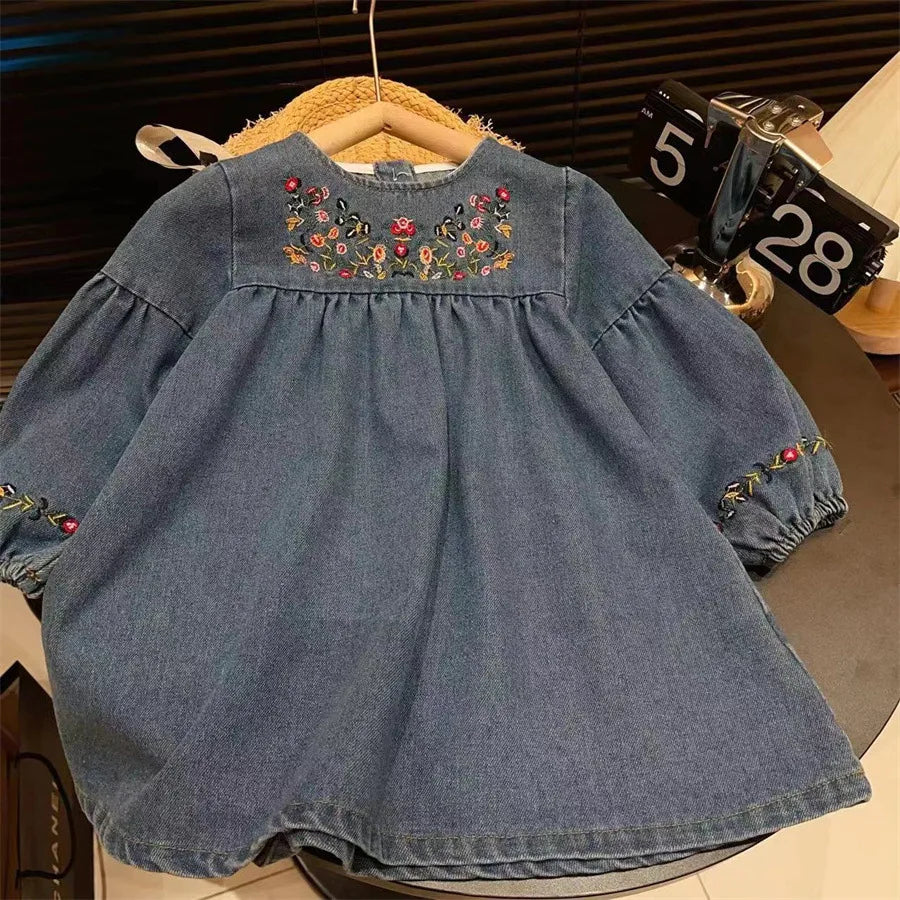 Humor Bear Kids Clothing Autumn Round Neck Floral Embroidered  Dress
