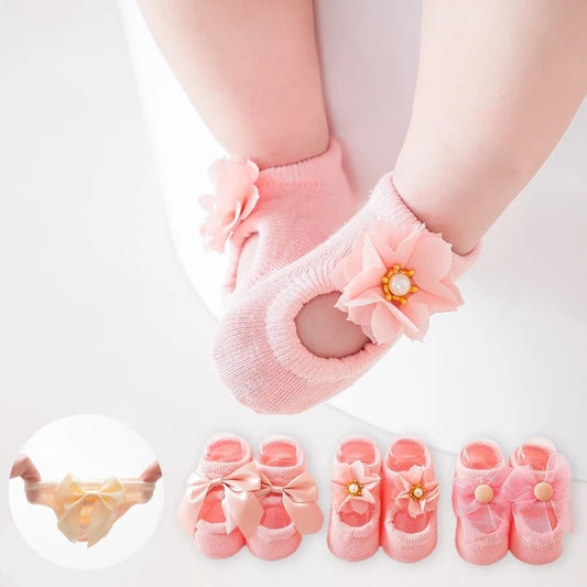 3 Pair Baby Girl Ankle Socks Lace Bow Infant Anti Slip Socks Newborn Princess