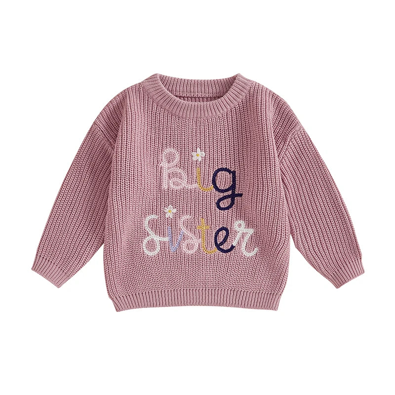 Nahiomy Girls Big Sister Fall Winter Sweater Casual Letter Flower Embroidery