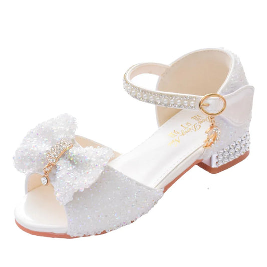 Children's Sandals Summer 2025 New Kids Crystal Bowknot Girls High Heels Soft Soled