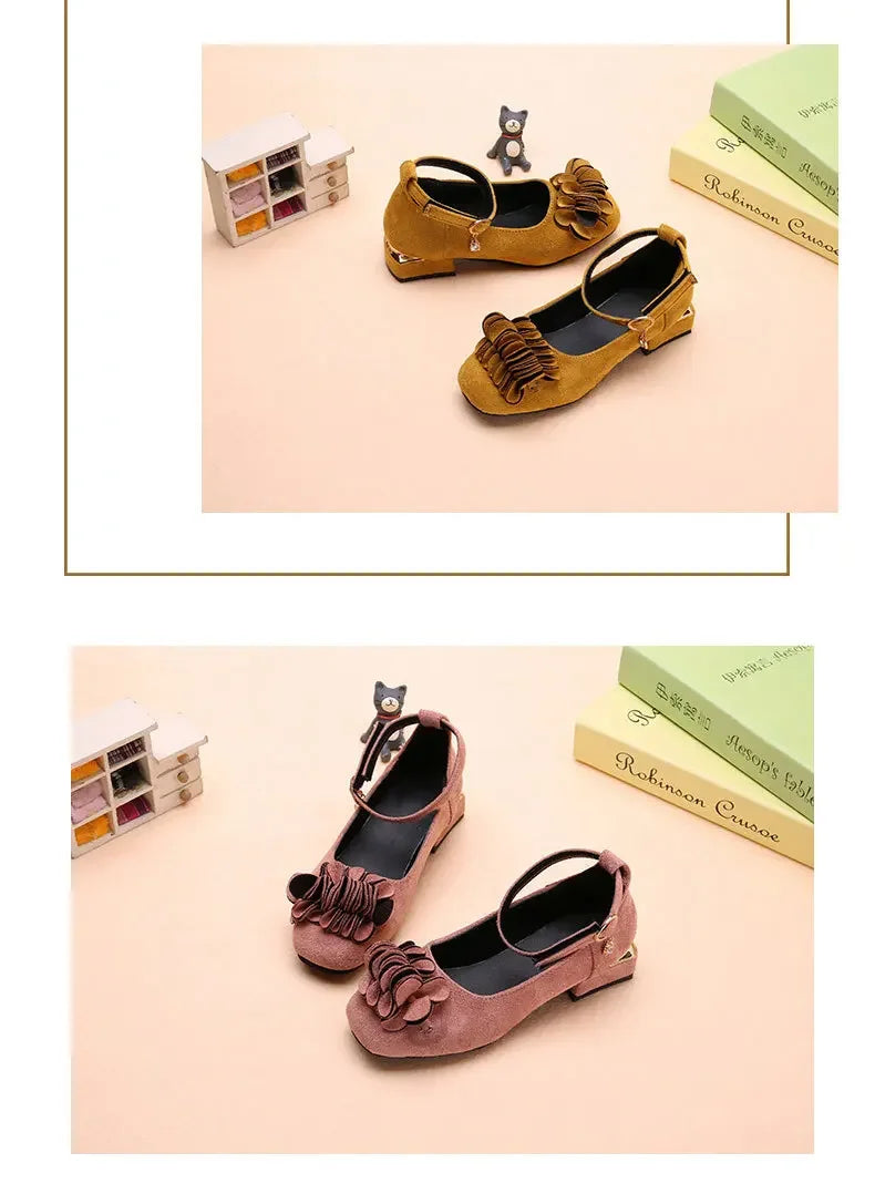 Girls Party Shoes High Heeled Fashion Princess with Flowers Sweet Chic Kids Leather Shoes for Wedding Model Shoes Ankle-strap