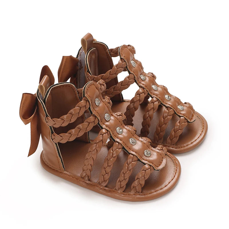 Baby Girl Sandals, PU Leather Braided Non-slip Bowknot Summer Flats Toddler Shoes for Casual Daily