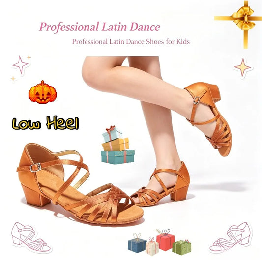 Girls Latin Dance Shoes Low Heel Soft Sole Training Stage Girls