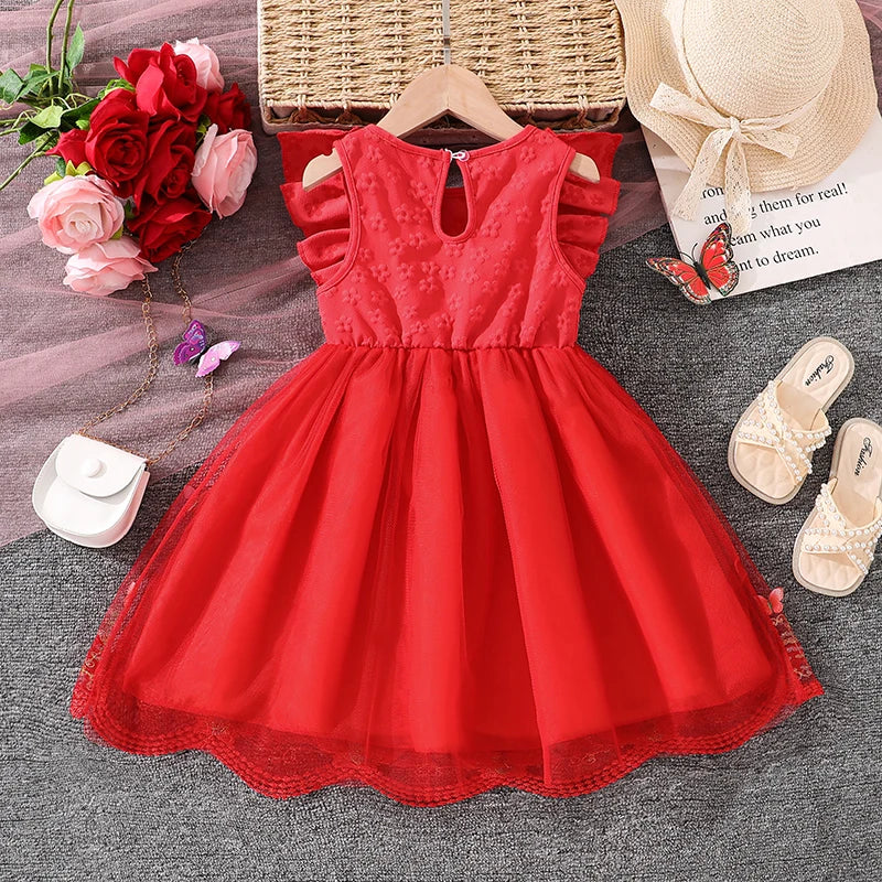 Dress For Girls Yellow O-Neck Fly-Sleeve Tulle Bowknot