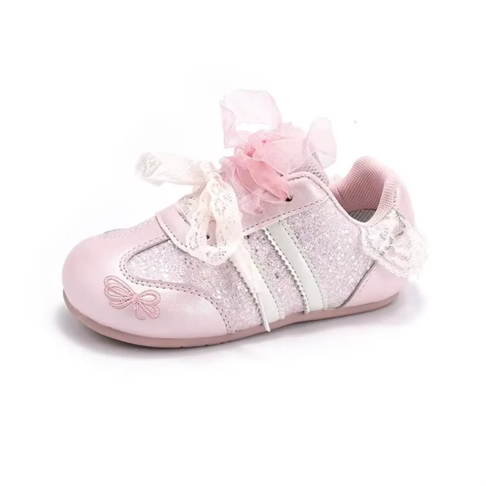 2026 Girls' Spring/Summer New Style Sneakers Pink Cute Flower, Fashion Versatile Casual Shoes, Lace Bow Cute, Non-Slip Soft Sole