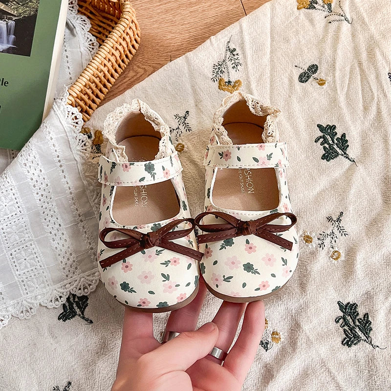 Spring Girl's Princess Shoes Floral Adorable Versatile Kids Flat Shoe Round Toe Soft Comfy Trendy Children Mary Janes 21-32