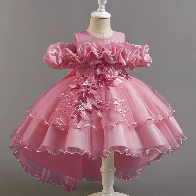 Girls Flower Girl Dress with Train Tulle Princess Gown Christmas Birthday Party Pageant Formal Dresses Kids Children Clothing
