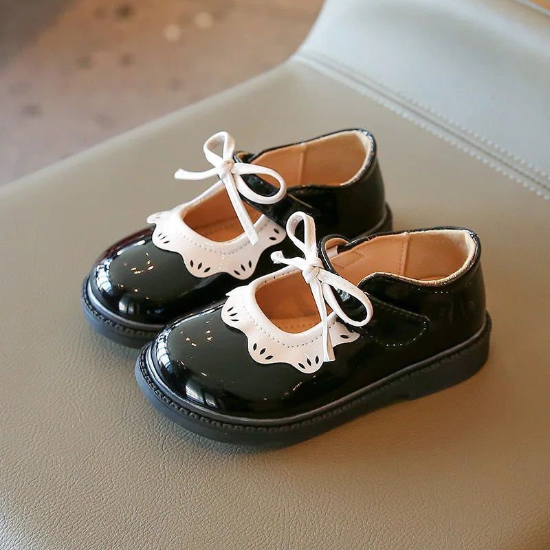 Girl's Princess Shoes Wine Red Black Ruffles Elegant Patent Leather Bowknot Children Flat Shoes 21-35 Toddler Kids Single Shoe