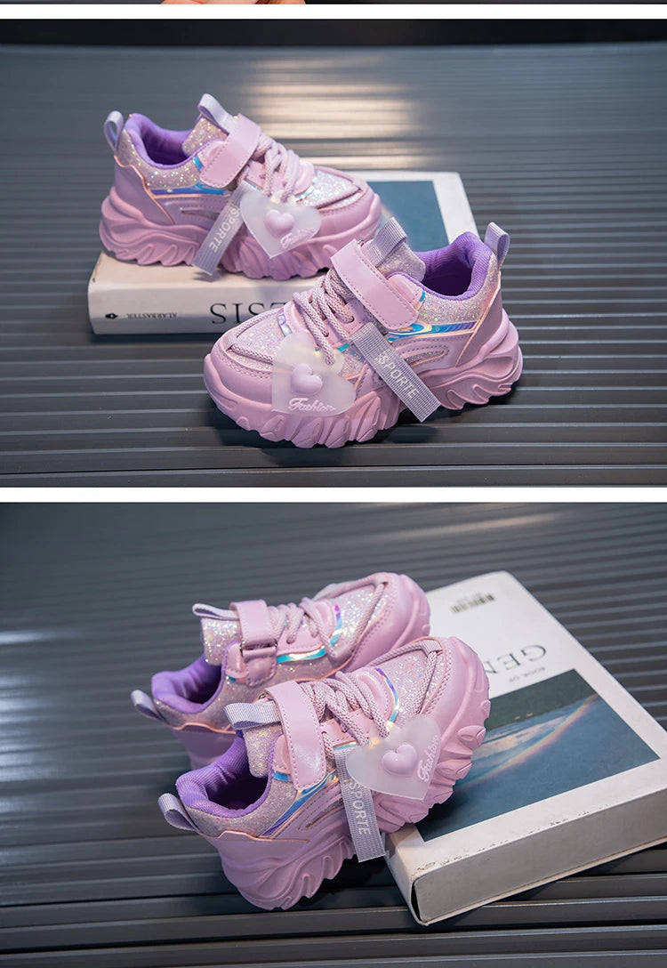 Girls Sports Shoes Kids Running Sneakers for School Fashion Cute Shiny Non-slip Children's