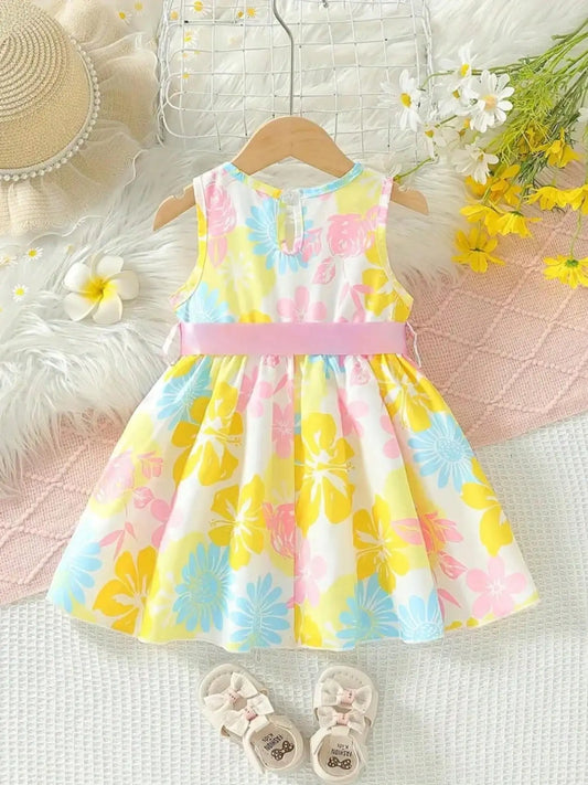 Baby Girl's Floral Print round Neck Sleeveless Dress Pink Bow Waistband Sweet Cute Casual Dress