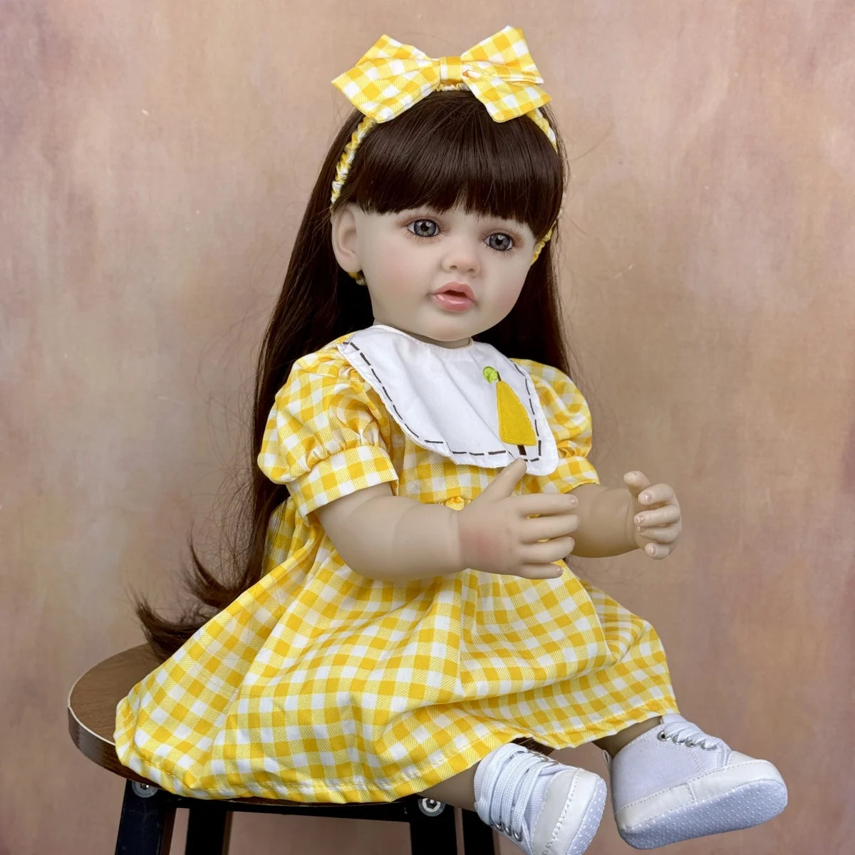 BZDOLL 55 CM Full Vinyl Body Reborn Baby Doll Toy Dress Up Brown Long Hair Princess Toddler Sweet Doll Handmade New Year Gift