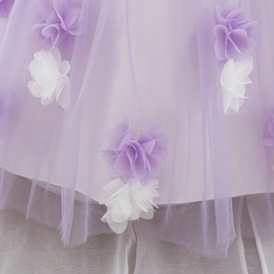 New Baby Girls 1st Princess Dress Infant Three-dimensional Flower One-word Shoulder Mesh Dress Baby Girl Performance Dress ASQ03