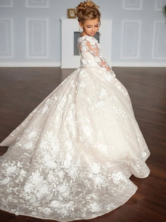 White Flower Girl Dresses for Wedding Floral Lace Appliques Floor Length