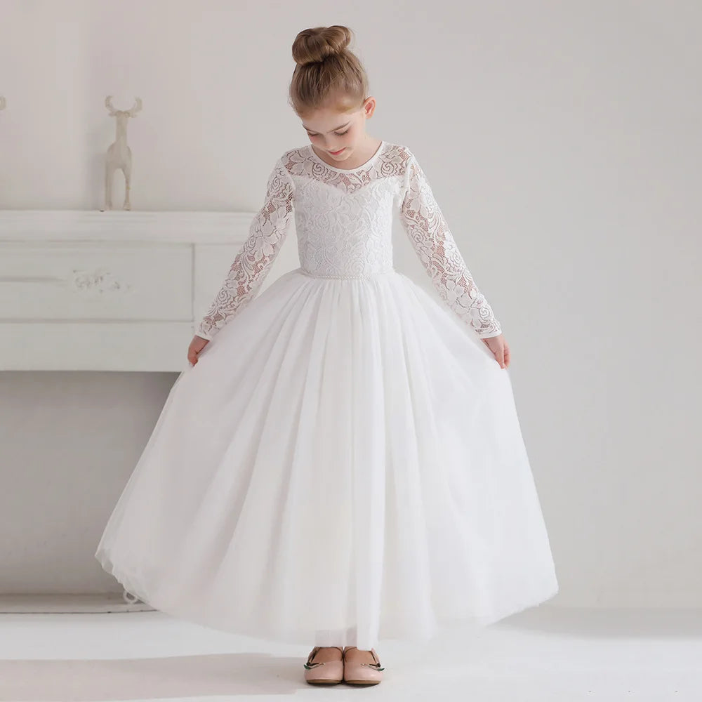 Elegant White Long Sleeve Lace Flower Girl Embroidered Princess Dress