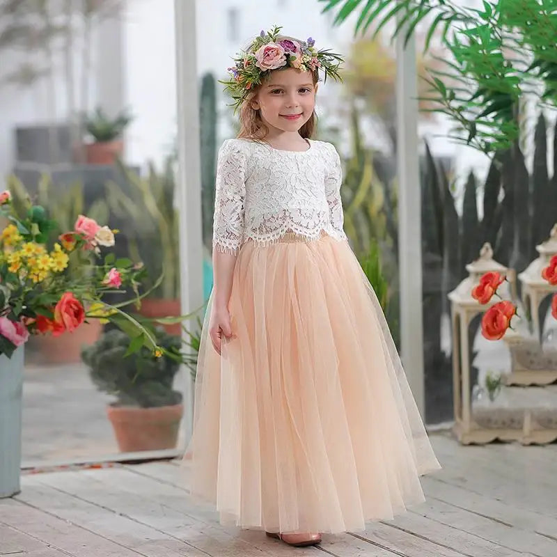 Children Set Clothing for Girls Half Sleeve Lace Top+Champagne Pink Long Skirt dress