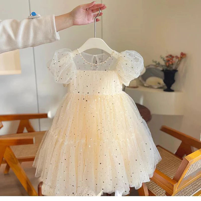 Summer Dresses Girls' Elegant Dress Girl Baby Bubble Sleeve Mesh Sequin Dress