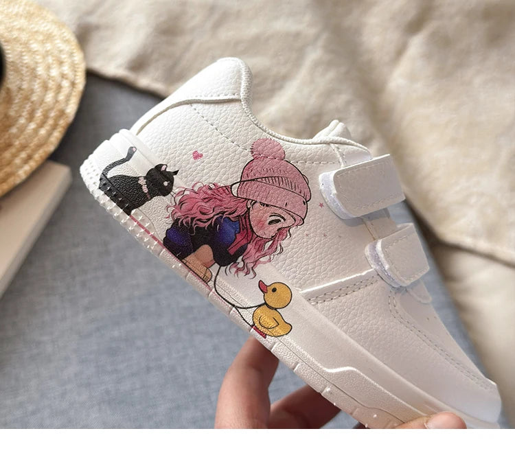 Girls White Shoes with Cartoon Girl Cat Prints Kids Casual Sneakers Fashion 2026 Spring Autumn Fashion Non-slip Classic 21-38