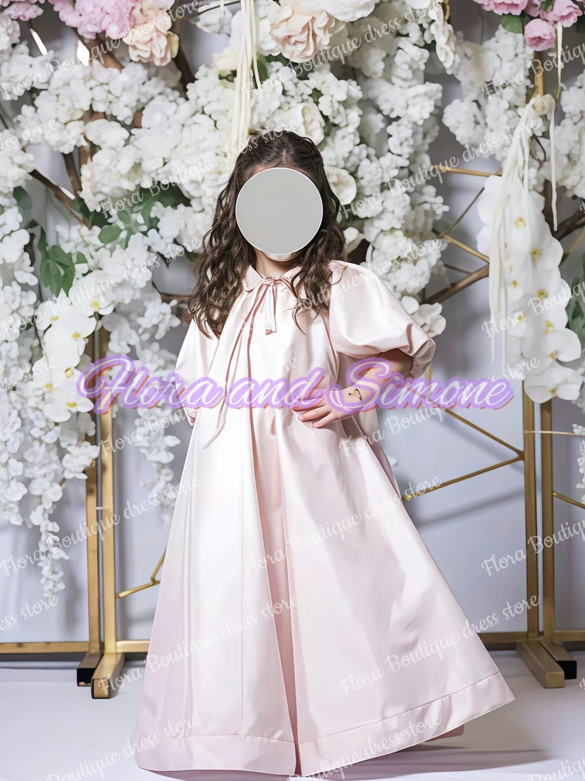 Girl Gowns Half Sleeves Ribbon Pink Satin Flower Girl Dress for Wedding Ceremonies