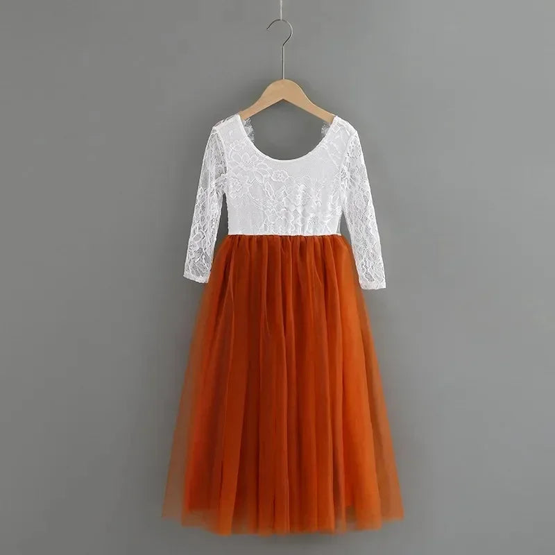 Elegant Burnt Orange Lace Tulle Dress for Flower Girls Bridesmaid Wedding