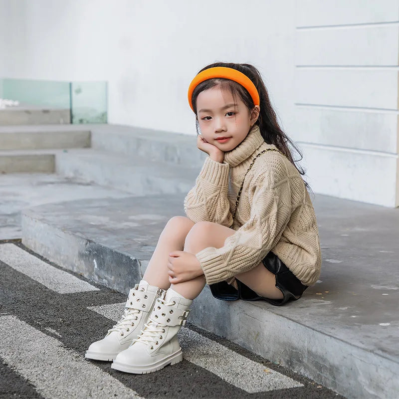 Kids Boots for Girls 2023 Autumn New British Style Soft Leather Cotton Boots