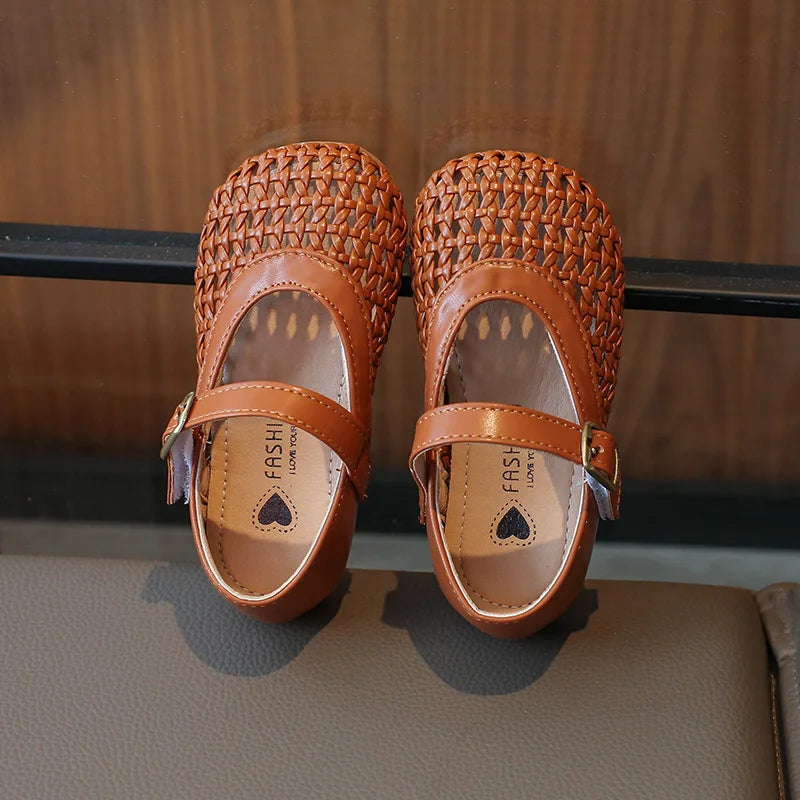 Kids Summer Breathable Woven Flats Shoes Hollow Out Princess Shoes