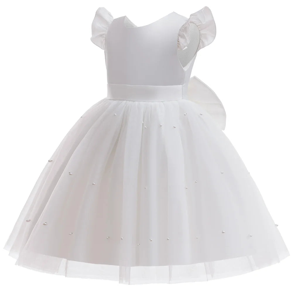 Kids Girls White Dresses Flower Child Wedding Dress Elegant Tulle Gown Baptismal Ceremony Costume Children Birthday Gift Dress