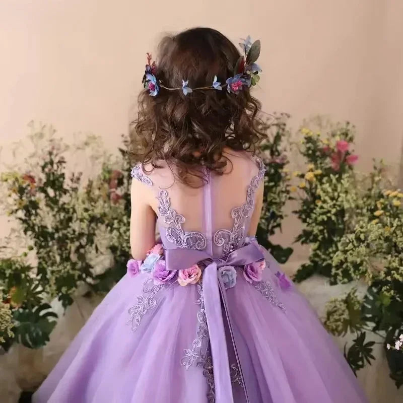 Girls Wedding Flower Girl Dress Sheer Neckline Floral Embroidered Tulle Gown 3D Flower Party Dress