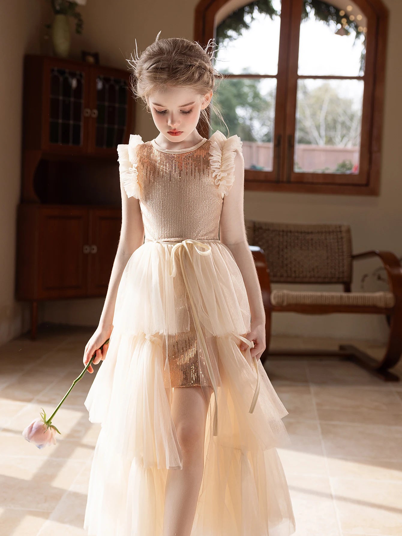 Girl party dress champagne-colored high-end dress set for birthday wedding Dress