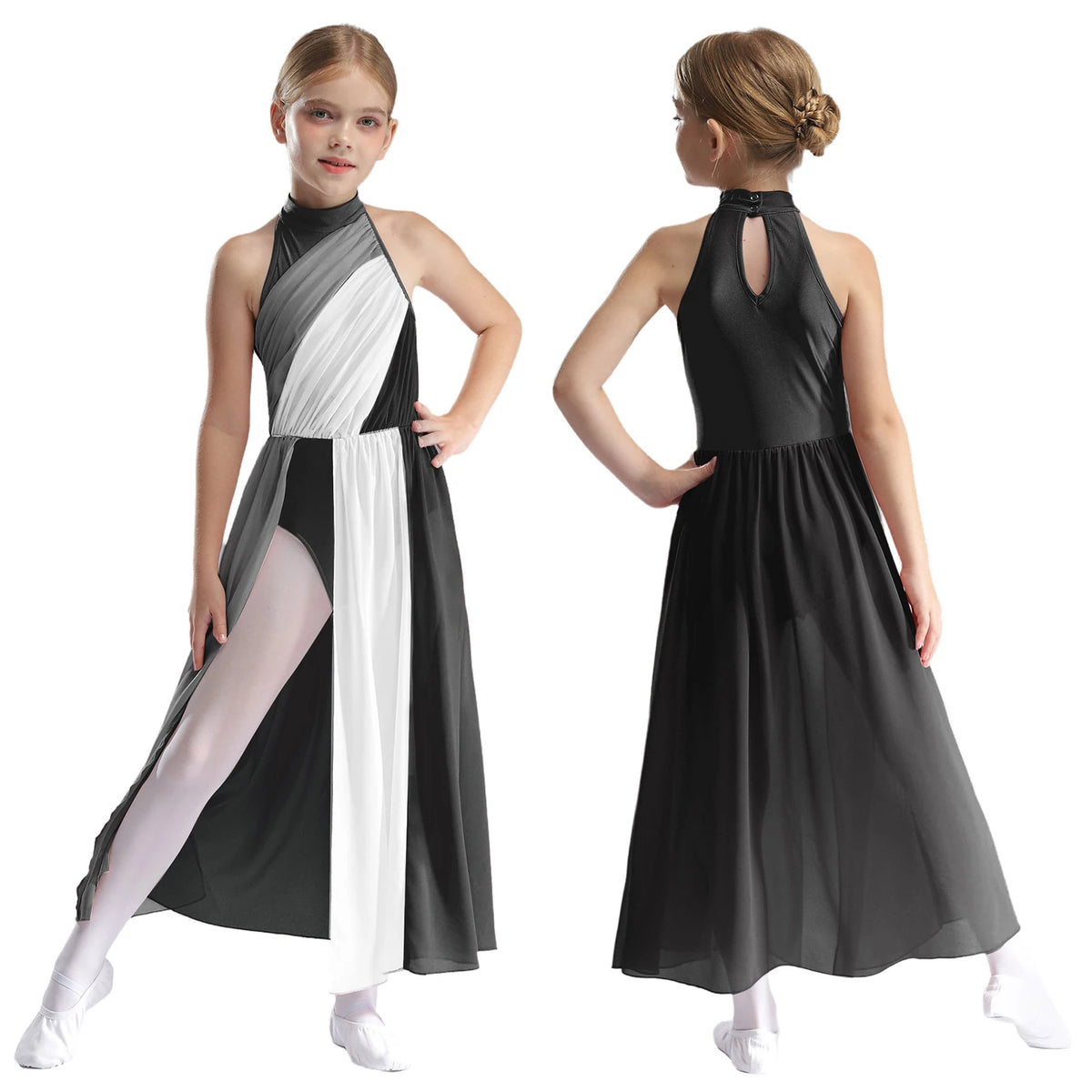 Girls Delicate 3D Flower Lyrical Dance Dress Asymmetrical Ruched Long Dress Gymnastics Modern Dance Clothes Performance Dress