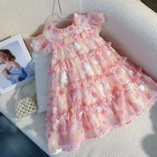Summer New Pink 3-7 Year Old Girl Casual Clothes Round Neck Lace Floral Dress