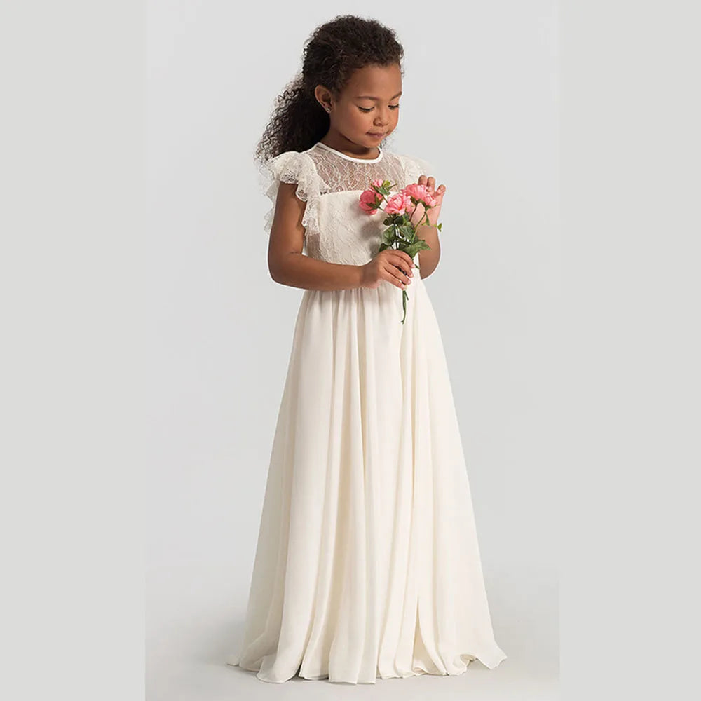 HETISO Chiffon Flower Girl Dresses Hollow Lace Kids Weddings Bridesmaid Dress