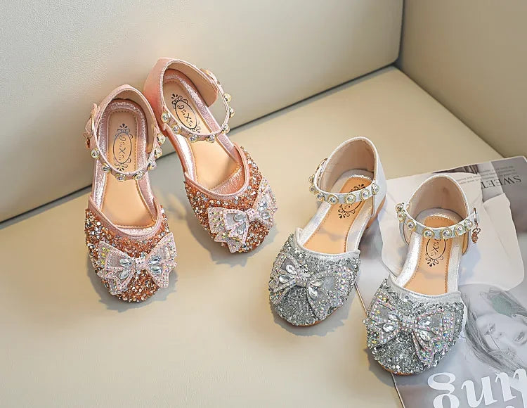 New Children Princess Shoes for Girls Bowtie Glitter Children Baby Dance Shoes
