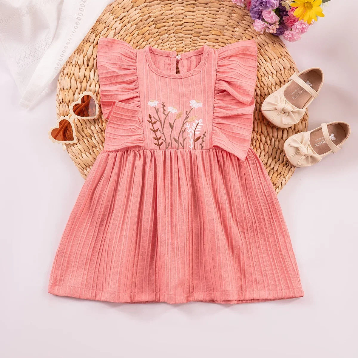 Baby Girls Floral Embroidery Dress Knee-Length with Ruffled Sleeves