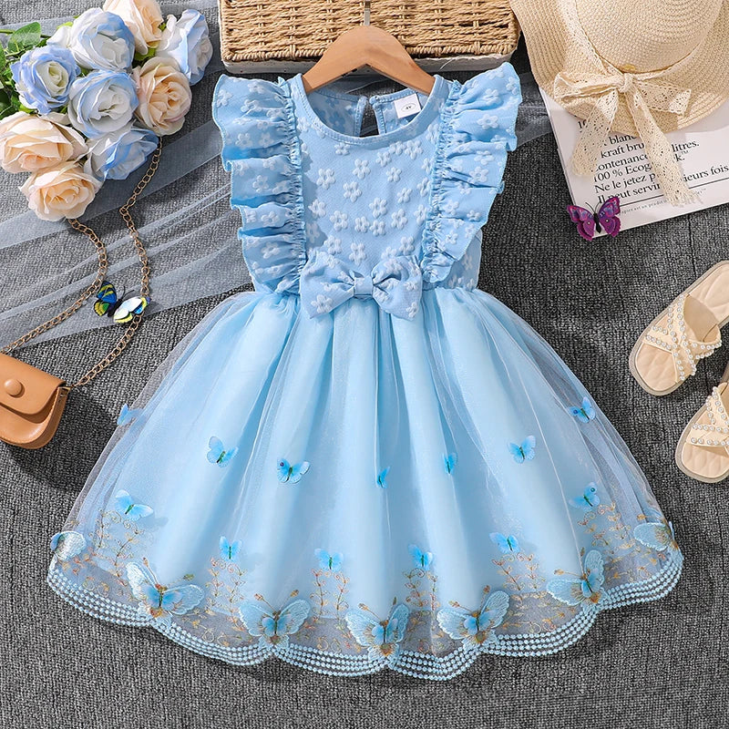 Dress For Girls Yellow O-Neck Fly-Sleeve Tulle Bowknot