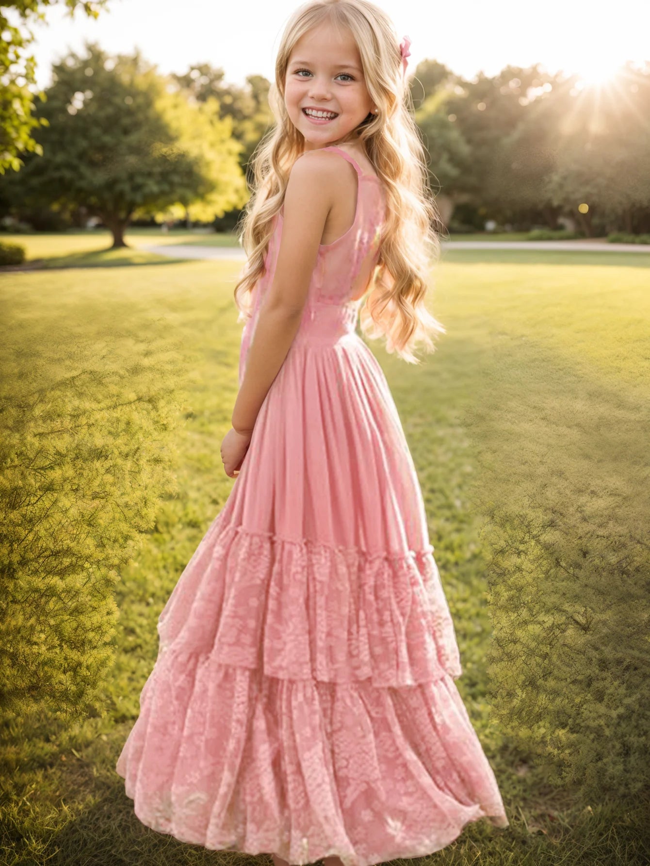 Plus Size Princess Girls Lace Long Dresses Baby Kids Flower Wedding Party